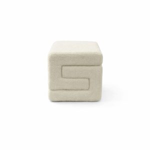 Taburet Coko, fix, patrat, stofa boucle, crem, 42 x 42 x 42 cm